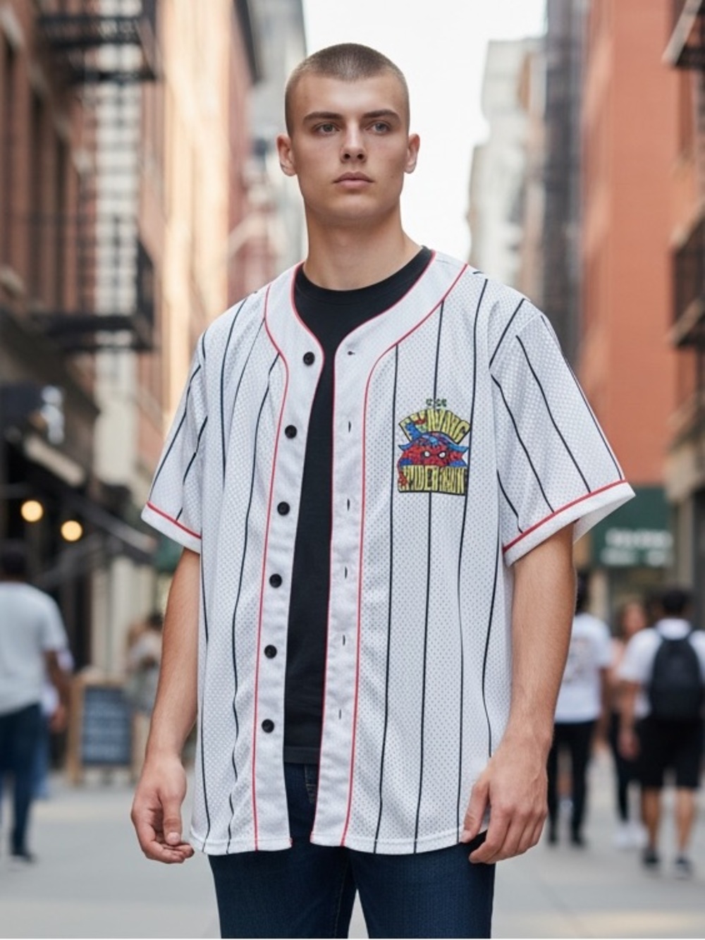 Marvel Spider-Man White Pinstripe Jersey with Black Pinstripes and Red Trim